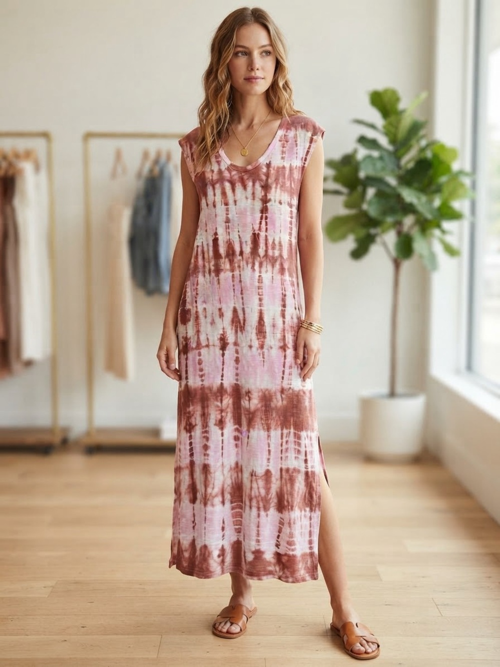 UNIVERSAL THREAD Tie-Dye Scoop Neck Maxi Dress S 18” p2p White/Pink/Copper NWOT